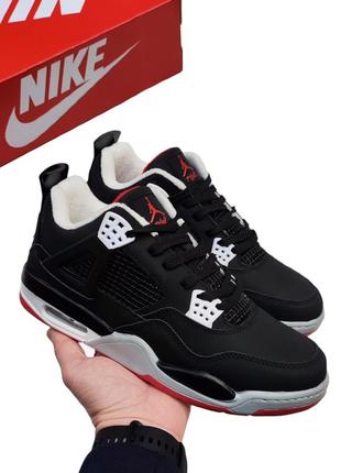 Мужские кроссовки nike jordan 4 черные с красным (термо)