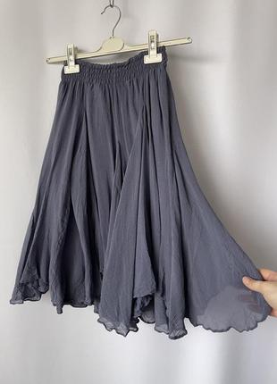 Zara пышная шелковая хлопковая юбка голубая летучая на резинке3 фото