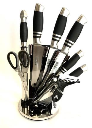 Набір кухонних ножів на підставці (5 ножів, ножиці, точило, овочечистка) benson bn-4031 фото