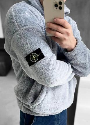 Худи плюшевый stone island серый мужской3 фото