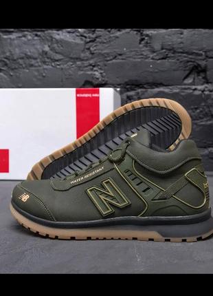 Зимові чоловічі шкіряні кросівки  nb на хутрі, спортивні черевики кольору хакі