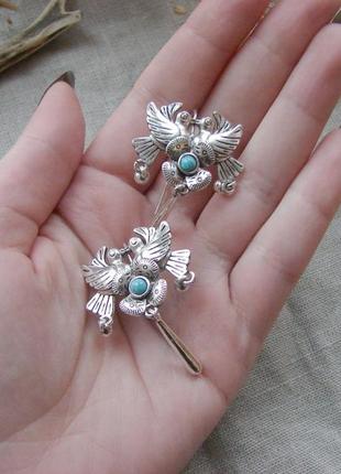 Етнічні сережки з птахами голубками сріблясті сережки з птахом етно стиль. колір срібло5 фото