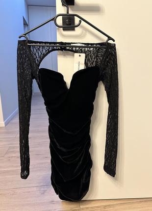Велюрова міні сукня з утягуючим ефектом з мереживними рукавами9 фото