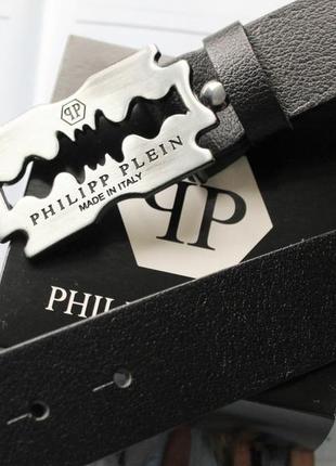 Мужской ремень philipp plein retro silver черный кожаный в подарочной упаковке
