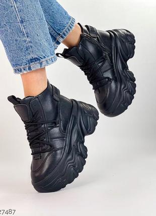 Женские зимние черные высокие кроссовки на платформе6 фото