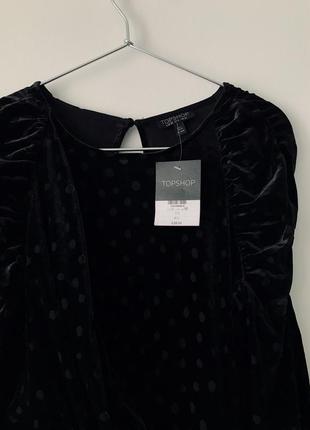 Асиметрична оксамитова чорна сукня topshop чорне велюрове плаття в горошок з рукавами-ліхтариками7 фото