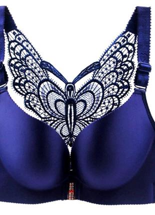 Бюстгальтер 90 c великий розмір для пишних грудей синій з метеликом без кісточок із застібкою спереду