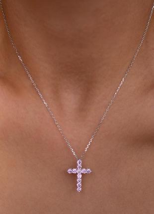 Серебряный s925 крестик на цепочке с камушками, крестик тифани, серебряный крест с камнями фианитов, крестик с розовыми камешками