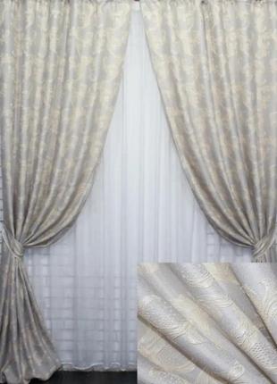 Комплект штор льон блекаут рогожка, колекція "корона марія". колір світло-сірий з бежевим