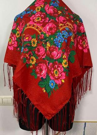 Роскошный украинский народный платок, платок с бахромой, нарядный платок, с люрексом4 фото