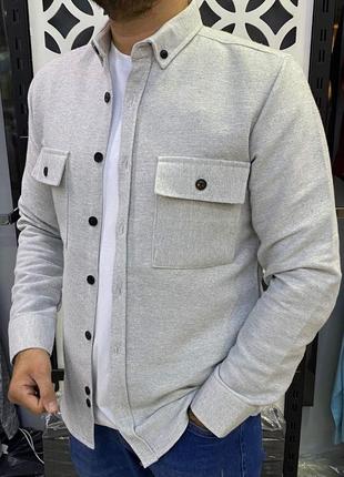 Мужская рубашка светло-серая утепленная байкой