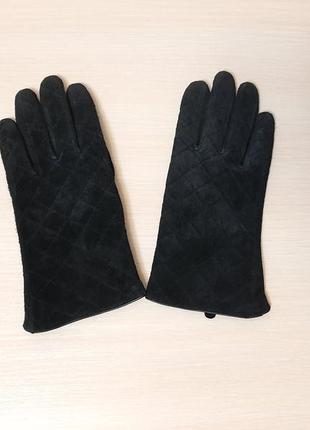 Кожаные замшевые стёганные перчатки на флисе1 фото