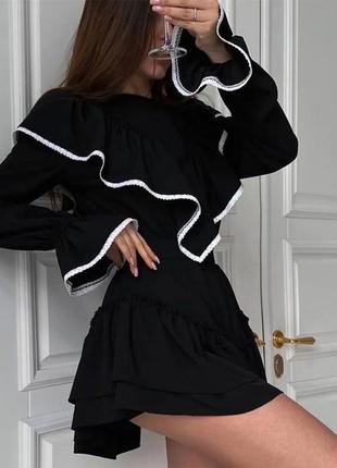 Платье черная короткая с кружкой закрытое с длинным рукавом мини стильная модная роскошная красивая