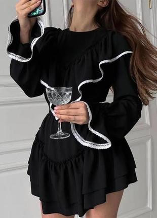 Платье черная короткая с кружкой закрытое с длинным рукавом мини стильная модная роскошная красивая3 фото