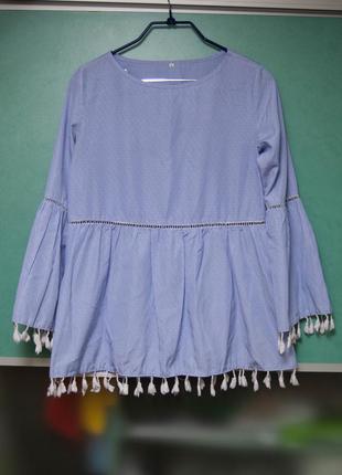Голубая блуза с объемными рукавами и кисточками4 фото