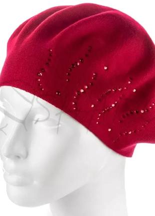 Женский двойной берет со стразами тонкой вязки полушерстяной-zh235