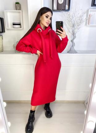 Сукня жіноча тепла довга (міді) з якісної турецької трьохнитки (тринитки) на флісі xs/s/m/l/xl-5xl чорна, червона (плаття)1 фото