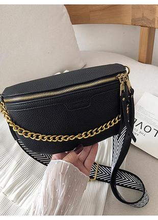 Женская стильная черная сумка бананка боди