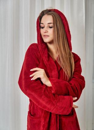 Теплий плюшевий жіночий халат велсофт 1026 бордовий2 фото