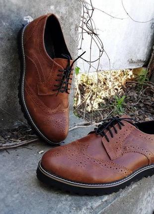 Мужские кожаные броги коричневые туфли, натуральная кожа. 40-45 гг