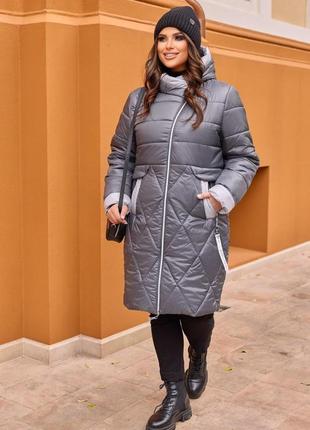 Женское зимнее стеганое длинное пальто с косой молнией большие размеры 54-665 фото