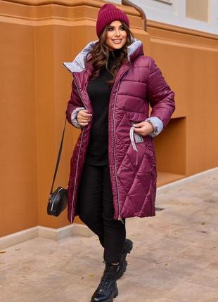 Женское зимнее стеганое длинное пальто с косой молнией большие размеры 54-663 фото