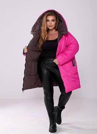 Женское зимнее двустороннее пальто из плащевки лаке и монклер на молнии большие размеры 50-602 фото
