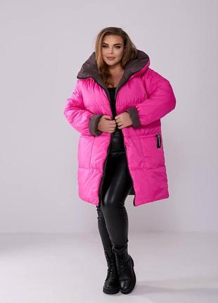 Женское зимнее двустороннее пальто из плащевки лаке и монклер на молнии большие размеры 50-60