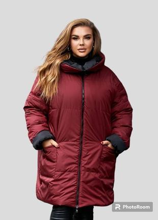 Женское зимнее двустороннее пальто из плащевки лаке и монклер на молнии большие размеры 50-607 фото