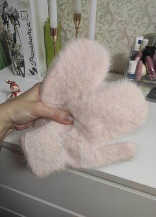 Рукавицы, перчатки, варежки, теплые,двойные, ангора, зима, пушистые, розовые, белые