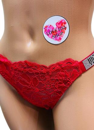 Трусики victoria's secret very sexy bombshell shine strap lace thong red зі стразами червоні