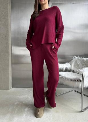 Теплый костюм из ангоры рубчик кофта асимметричная свободного кроя брюки широкие с высокой посадкой на резинке8 фото