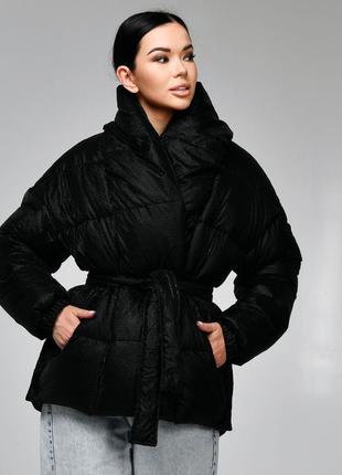 Зимова коротка куртка чорна в краплю | 76048