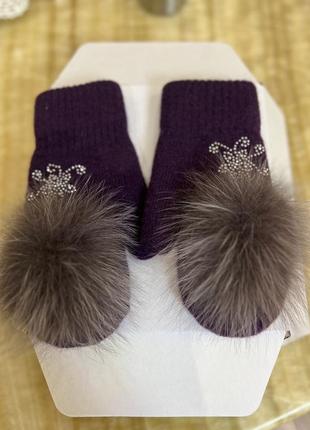 Варежки женские зимние с мехом песца
