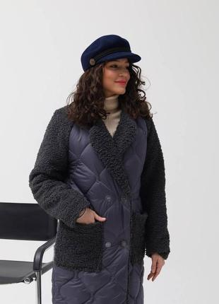 Теплая зимняя куртка пальто стеганая плащевка на синтепоне с мехом барашек с карманами свободного прямого кроя тепла зимняя2 фото