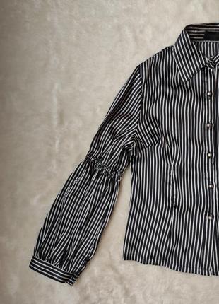 Черная белая в полоску натуральная шелковая рубашка шелк блуза в полоску с широкими рукавами воланам4 фото