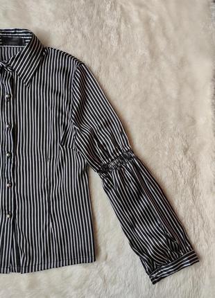 Черная белая в полоску натуральная шелковая рубашка шелк блуза в полоску с широкими рукавами воланам5 фото