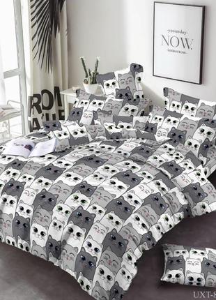 Сіра прикольна постіль з котиками в суцільний принт з кішками коти кіт з бязі голд натуральна