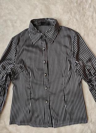 Черная белая в полоску натуральная шелковая рубашка шелк блуза в полоску с широкими рукавами воланам3 фото