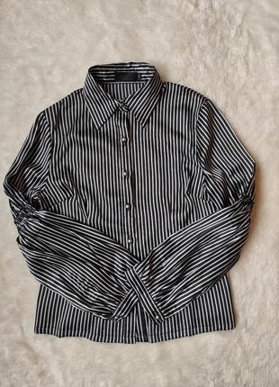 Черная белая в полоску натуральная шелковая рубашка шелк блуза в полоску с широкими рукавами воланам2 фото