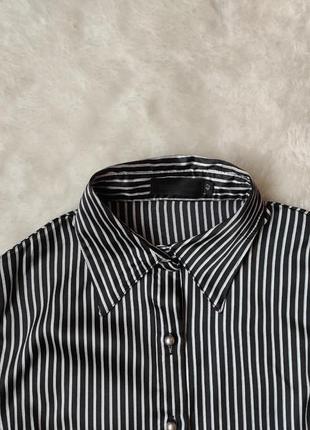 Черная белая в полоску натуральная шелковая рубашка шелк блуза в полоску с широкими рукавами воланам8 фото