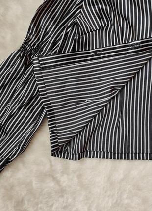 Черная белая в полоску натуральная шелковая рубашка шелк блуза в полоску с широкими рукавами воланам6 фото