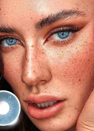 Небесно-голубые цветные контактные линзы для глаз, отличное перекрытие своего цвета + контейнер для хранения.