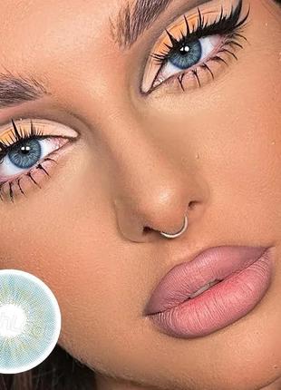 Голубые цветные контактные линзы для глаз, отличное перекрытие своего цвета + контейнер для хранения.