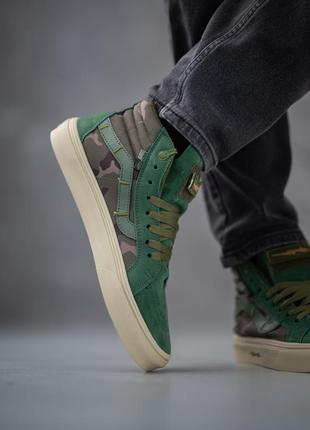 Мужские высокие тёплые кеды vans sk8-hi defcon notchback pro multicam jungle camo зелёные с камуфляжным