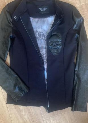 Крутезный коттоновый жакет philipp plein пиджак бомбер кофта на молнии вставки и рукава эко кожа5 фото