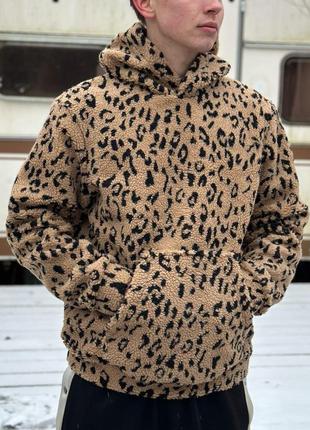 Кофта мужская зимняя плюшевая с капюшоном leopard бежевая худи мужское теплое зима