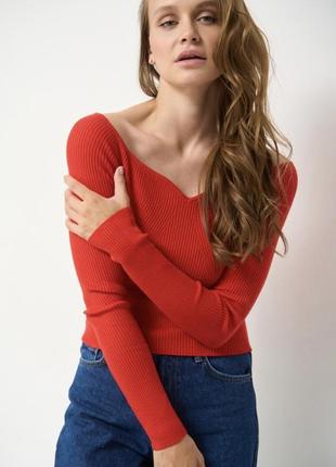 Джемпер з відкритими плечима кроп-топ кофта в рубчик декольте бавовна