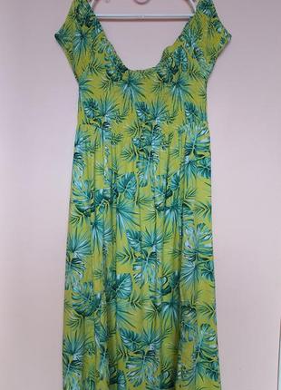 Яскрава жовта в зелені листочки сукня максі з відкритими плечиками, платье цветочное 50-52 р.4 фото