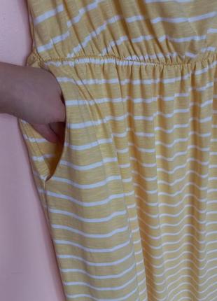 Довгий жовтий сарафан в білу смужку 100% хлопок, бавовняна літня смугаста сукня батал, платье 56-583 фото